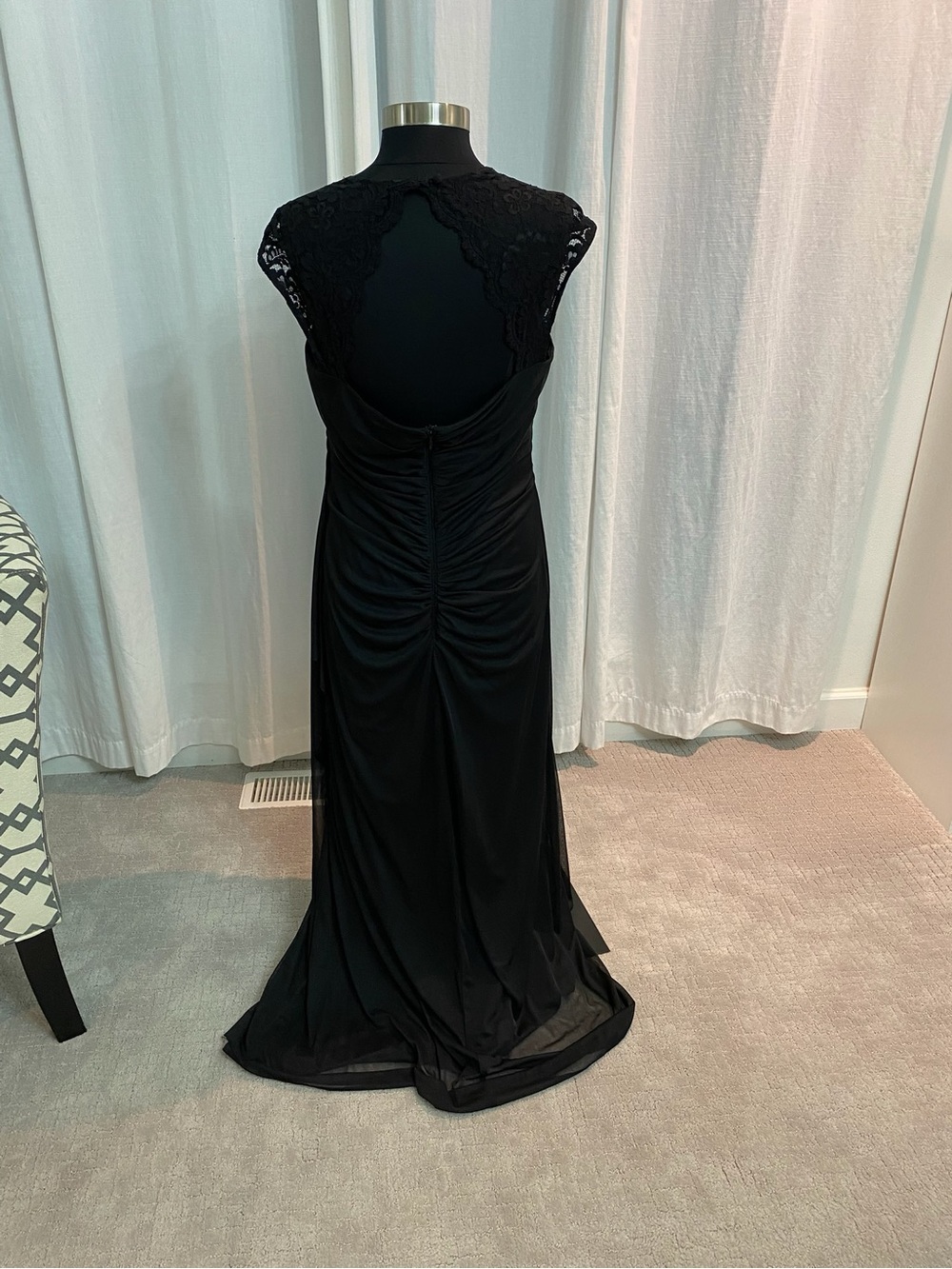 Xscape Black Lace-Back Ruched Evening Gown